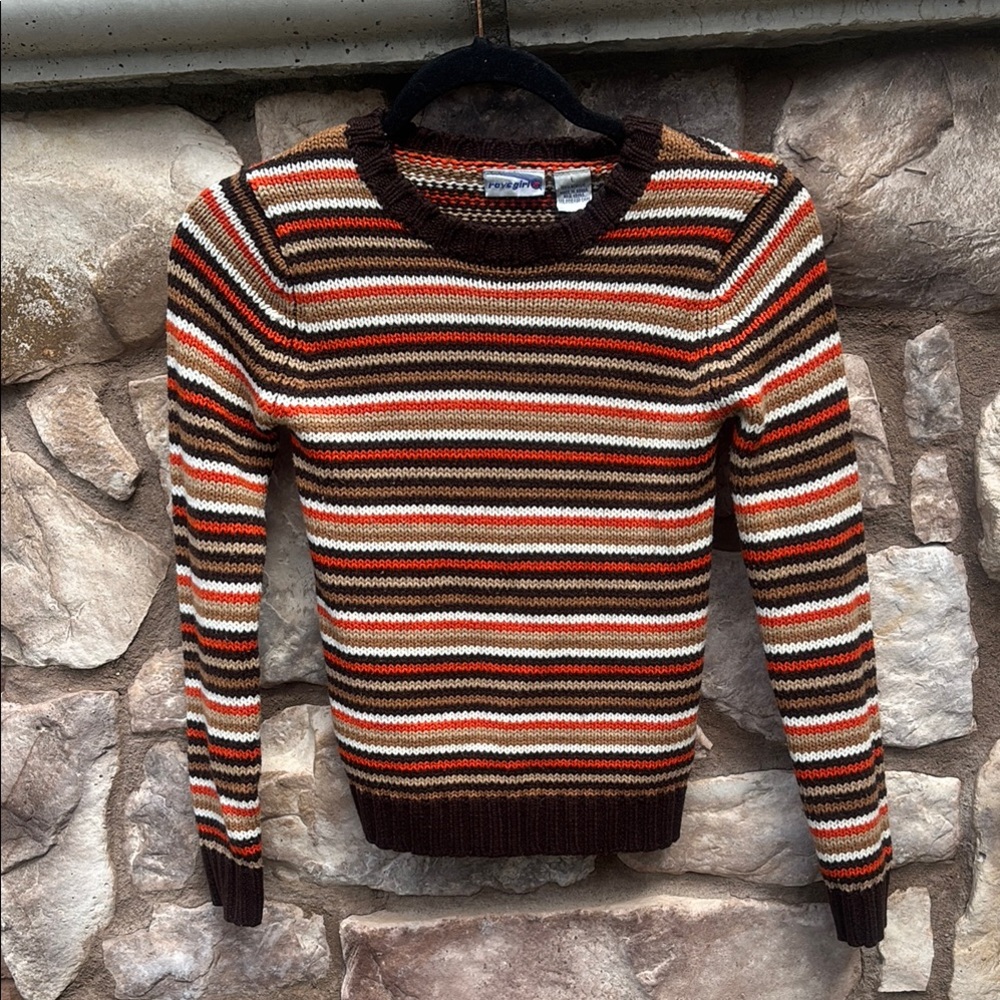 Vintage Rave Girl Striped Sweater Long Sleeve Brown Juniors Size M/L 90s Grunge